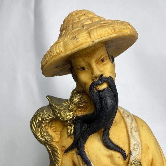 Vintage Asian Man Phoenix Birds Hand Carved Solid Resin Sculpture - Picture 2 of 9